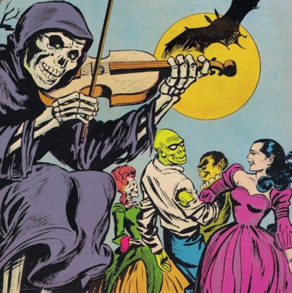 A skeleton plays fiddle for monsters